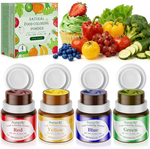 Natural Food Coloring Powder 4 Colors Set Artificial & Synthetic Dye Free Food Dye Powder for Baking Cake Decorating, Frosting, Slime Making & Cookies