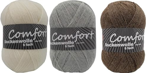 6-fädige Sockenwolle Strumpfwolle 3x150gr Knaul- 375m-Lauflänge - dicke Wolle für besonders warme Socken - l - Farbset (weiss grau braun)