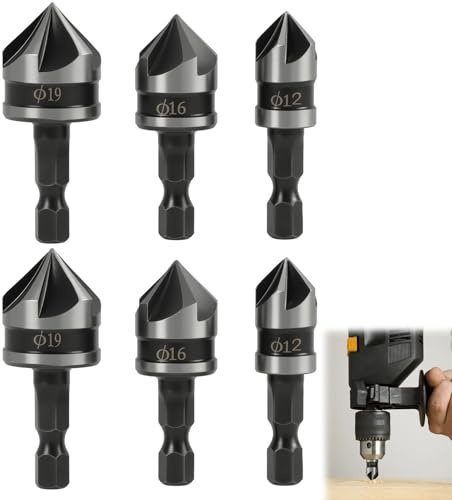 LUCTHY 6 Pcs Countersink Drill Bit Set, 1/4 Hex Shank HSS Counter Sinks | 6-piece 90° high carbon steel bits set. 12mm, 16mm, 19mm. For wood, plywood and soft metals like aluminium