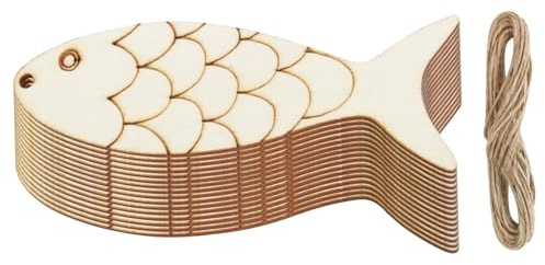 TAIZhiChen 30 Stück Fisch-Stanzer aus unbehandeltem Holz, mit Löchern und Schnüren, für Bastelarbeiten und Basteln.