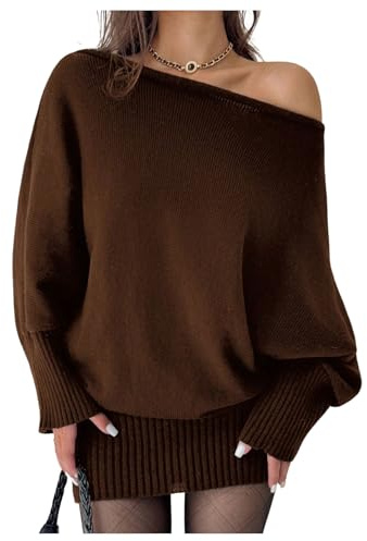 GORGLITTER Women's Asymmetrical Off Shoulder Jumper Dresses Rib Knit Long Sleeve Mini Trendy Fall Winter Dress
