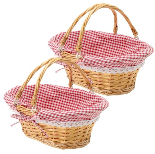 2 Picknickkorb aus Weide,Handgeflochtener Weidenkorb mit Henkel und Futter | 33x23x12cm,Großer Geflochtener Korb für Obst, Einkaufen, Eiersammeln, Hochzei