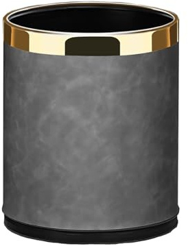 SXYLOB Luxury Metal Waste Bin 10L, Double Layer Trash Can PU Leather Covered Round Wastebasket Dust Bins for Kitchen Bathroom Hotel Office (Grey Hui)