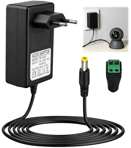 Alimentatore da 24 V, 3 A, 72 W, adattatore AC 100-240 V a DC 24 V, trasformatore LED con uscita da 5,5 x 2,5 mm, spina UE per strisce LED, strisce COB, telecamere CCTV, router, 1,5 m, nero