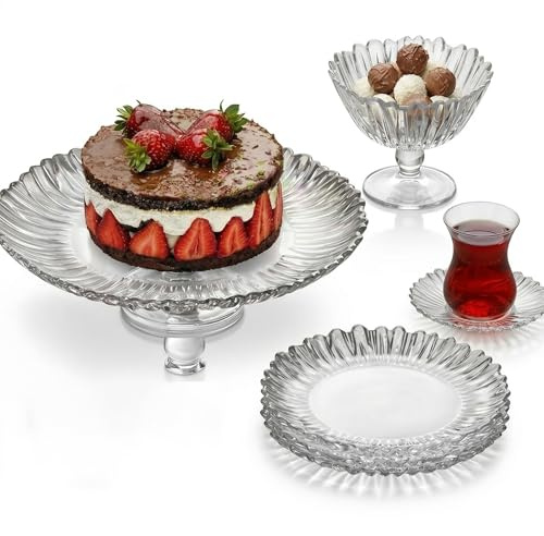 Aurora Servier-Set 20-teilig aus Glas | Elegantes Tee-Service & Kaffeeservice mit Tortenplatte, Etagere, 6 Teegläsern, Untersetzern & Kuchentellern | Spülmaschinenfest | Transparentes Design