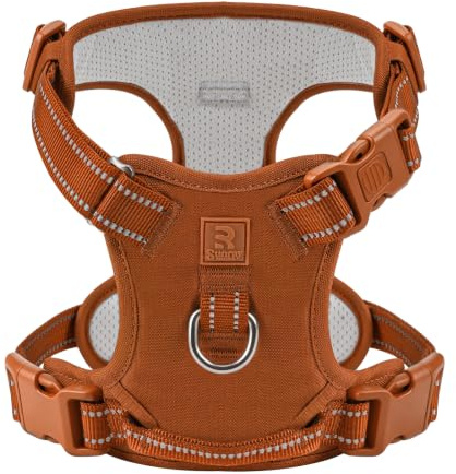 No Pull Dog Harness M for Medium Dogs,with 3 Buckles & Clips, Oxford & Mesh | Fitted with a handle, two metal D-rings and reflective strips along the edges of the back clip for added safety at night