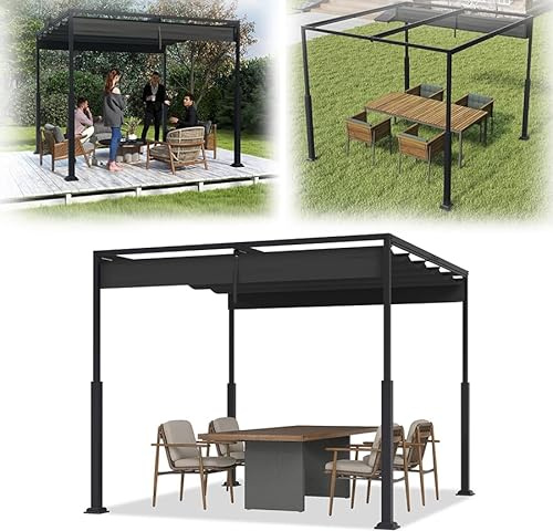 VA-Cerulean Pergola en métal avec toit coulissant, 3 x 3 m, tonnelle stable pour terrasse, protection solaire, tonnelle de jardin autoportante avec colonnes métalliques robustes pour jardins, noir