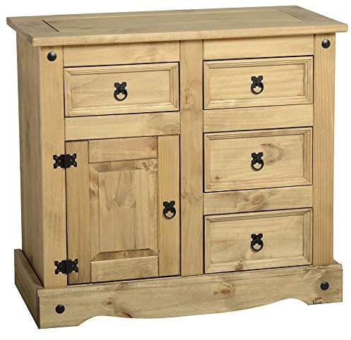Corona Furniture Corona Small Sideboard Solid Pine Dining Room Storage Mexican Wood 1 Door 4 Drawers Wooden Cabinet Display Cupboard Dresser Hallway 76cm High. 87cm Wide. 40cm Deep