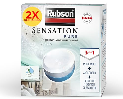 Rubson Sensation Pure, Recharges Déshumidificateur d'air, Neutre, 2x 300g | Recharges absorbeur d'humidité, Anti-odeur, Sensation de fraîcheur, Recharge dure 2 mois, Pièce jusqu'à 10 m², Sans parfum