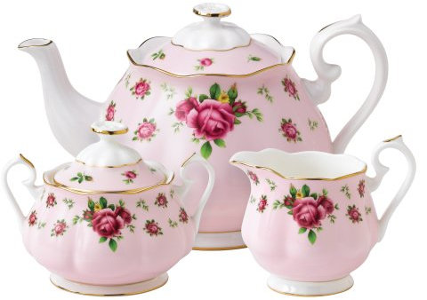 Royal Albert Modern Vintage NCRPNK25823 Teapot, Sugar Box, Creamer 3 Piece Set NCR, Bone China, 42 Ounces, Country Roses Pink, 41.7