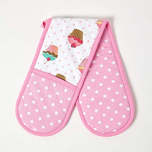 HOMESCAPES - Pure Cotton Double Oven Glove - Cup Cakes - Pink Blue - 18 x 84 cm - Fully Coordinated Washable Kitchen Linen