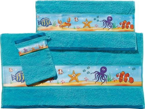 Erwin Müller Kinder-Walk-Frottier-Set 3-TLG Unterwasserwerlt, Fische türkis Größe - 1x Handtuch, 2X Waschhandschuhe - schnell trocknend und saugstark