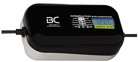 BC Battery Controller BC 3500 EVO, Digitales Batterieladegerät und Erhaltungsladegerät mit LCD, Batterie- und Ladesystem-Prüfgerät für alle 12V Blei-Säure Autobatterien und Motorradbatterien, 3.5A/1A