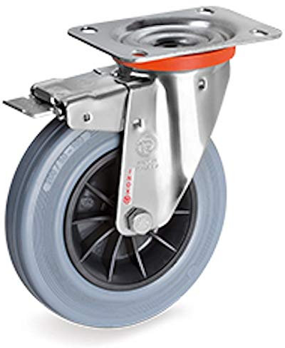 Roulette INOX pivotante à frein diamètre 80 mm roue caoutchouc gris - 50 Kg