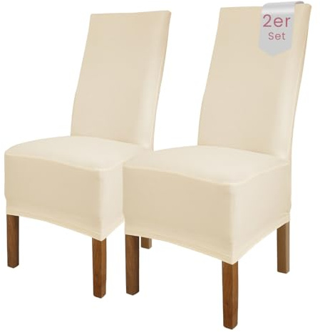 Scheffler Home Stuhlhussen Emma Natur 2er Set aus Jersey Baumwolle – Elastische Stuhlbezüge für Hochlehner und Polsterstühle, waschbar und formstabil, Oeko-TEX Zertifiziert