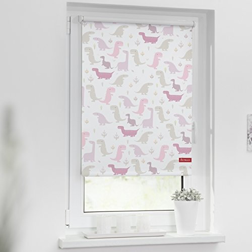Lichtblick Klemmfix Verdunklungs-Rollo mit Motiv, ohne Bohren, Blickdicht, Seitenzugrollo, Made in Germany, Dino - Pink 60 x 150 cm (B x L)
