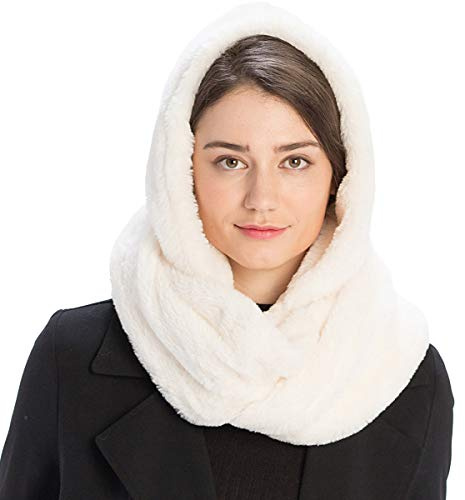 Fashion 21 Women's Thick & Soft Faux Fur Infinity Hood Scarf Head Scarf Shawl Wrap (Hooded - Ivory)
