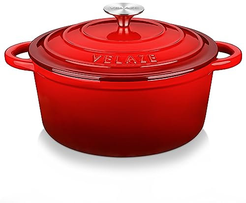 Velaze Casserole Dishes with Lids Oven Proof, Classic Red Enamel Dutch Oven, Non Stick Enamel Coating, Good Sealing, Lightweight, for All Heat Source, Pot's Body Cast Iron Soup Pot 4 L(Red)