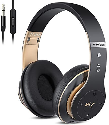 6S Over-ear Wireless Cuffie, Cuffie Wireless Bluetooth Cuffie Wireless Stereo Pieghevoli ad Alta Fedeltà, Microfono Incorporato,Micro SD/TF,FM(Oro nero)