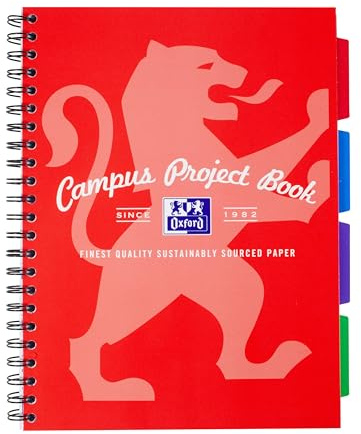 Oxford Campus A4 Project Notebook with Dividers, Wirebound, 8 mm Lined with Margin, 200 Pages, Pack of 1, Optik Paper+, Red