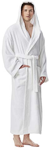 Arus Accappatoio da uomo con cappuccio, lunghezza alla caviglia, 100% cotone spugna, Bianco, L-XL lunghe