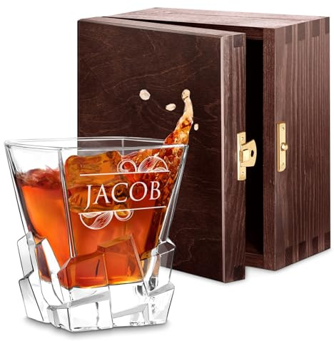 Maverton Personalised Whiskey Glass for man, for Whisky Connoisseur, Name | 250 ml Tumbler with Laser Engraving, Elegant barware, for Birthday, Designed Base Resembling ice Cubes