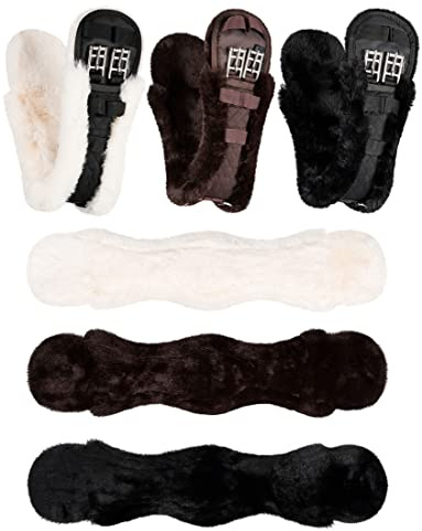 Equinate Sattelgurt Luke mit synthetischem Lammfell - anatomischer Kurzgurt Bauchgurt Dressurgurt 50 60 70 80cm Natur Braun Schwarz (60cm Braun)