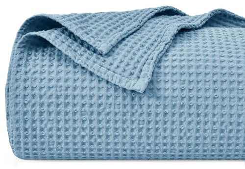 PHF Coperta in 100% cotone a nido d'ape, 150x200 cm, morbida e leggera prelavata, per tutte le stagioni, coperta perfetta per divano letto, divano, doppia e matrimoniale, blu polveroso