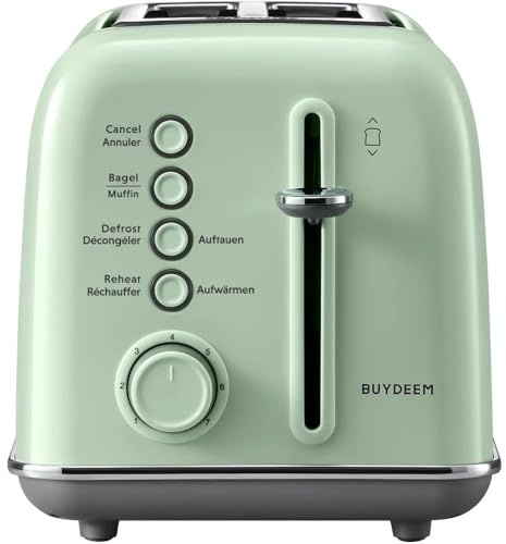 BUYDEEM Grille-pain rétro à 2 tranches, fentes extra larges, en acier inoxydable avec levier de levage, fonction bagel et muffin, plateau à crumb amovible, 7 réglages d'ombre à toast – Vert