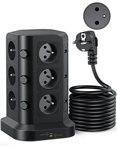 KOOSLA Tour Multiprise Type E, 12 Prises, 6 USB, 5M, Noir | 12 Prises Type E, 6 USB, 4000W/16A, Parafoudre, Câble 5M, Bureau, Maison
