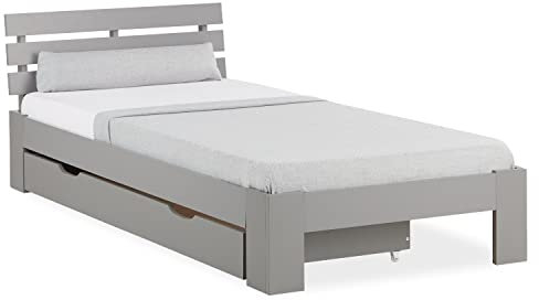 Homestyle4u 2293, Holzbett 90x200 mit Schublade Grau Einzelbett mit Lattenrost Bettkasten Bett Holz Kiefer