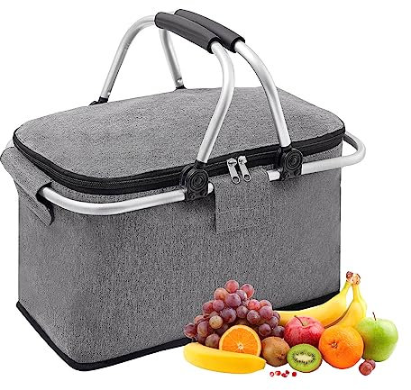 Faltbare Picknickkörbe, 20 L Große Kapazität Zusammenklappbare Kühltasche Isoliertasche Einkaufskörbe Frischtasche, Kühltasche EinkaufsköRbe Picknickkorb, für Büro Camping Picknick (Grau)