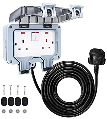 Youyijia 10M 2 Gang IP66 Outdoor Waterproof Socket with Extension Lead 13Amp Double Switched Sockets Cover Rated Weatherproof Wall Plug Socket Box
