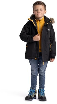 Trespass pojkar vattentät jacka parkas stil regnrock med avtagbar huva vindtäta tejpade sömmar skolrock vardaglig jacka fleecefodrad i slutändan, Svart, 3-4 Years