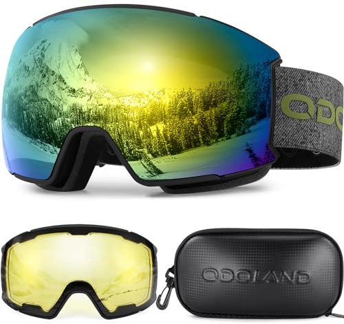 Odoland Skibrille Snowboardbrille für Herren und Damen mit 2 Magnetische Wechselglas und Hülle Anti-Fog UV-Schutz Helmkompatible für Jungen und Frauen, Männer zum Snowboard Skifahren