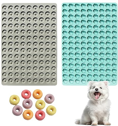 2 Stück Mini-Süßigkeitsformen, 243 Mulden, Hundepfoten- und Donut-förmige Silikon-Schokoladenform, Hundeleckerli-Pfanne zum Backen von Eiswürfeln, Gelee, Gummibärchen, Hundesnack, Gummibärchen, Kekse