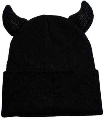 ZITEZHGO Kawaii Strickmütze mit Teufelshorn für Damen, Herren, Mädchen, Y2K, lustiger Halloween-Partyhut, Häkelmütze, Einheitsgröße, Einheitsgre