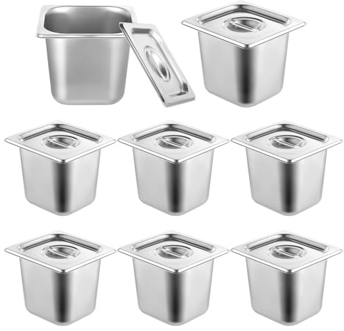 8 Pack Hotel Pans 1/6 Size with Lid, 6 inch Deep Stainless Steel Steam Table Pan, Anti Jam Steam Pan Metal Food Pans for Restaurant Cafeteria Party Catering