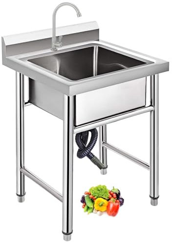 Lavello in Acciaio Inox Autoportante 1 Vasca, Lavandino Commerciale con Rubinetto Lavello da Cucina Professionale per Cucina, Ristorante, Bar, Caffè, Garage, Interno e Esterno,50×50×80 cm