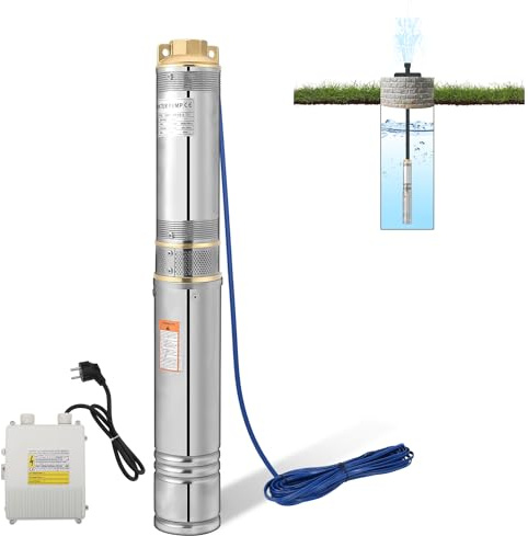 Ikodm 370W 4000l/h Pompe de puits profond, pompe de puits 693mm, pompe à eau en acier inoxydable pression 3,4bar, hauteur de refoulement max. 34m, max. 35°C, pour boîtier de puits de 4 pouces ou plus