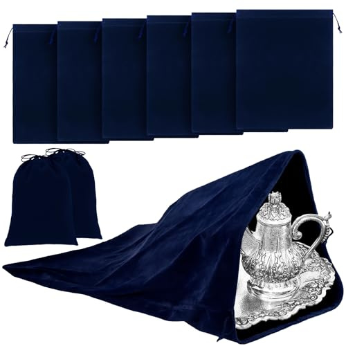 Ferraycle Lot de 6 grands sacs de rangement argentés de 61 x 81,3 cm, en tissu anti-ternissement, avec cordon de serrage pour bijoux, bracelets, montres, cadeaux, couverts, plats, bols, bleu marine