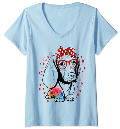 Damen Lustige Hundeliebhaber-Dackel-Bandana-Grafiken T-Shirt mit V-Ausschnitt