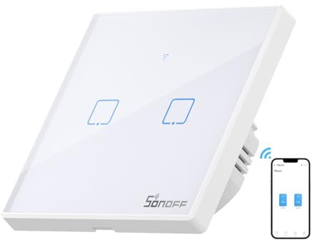 SONOFF Smart Light Switch, WiFi Smart Touch Switch Smart Wall Light Switch Works with Alexa and Google Home, APP Remote Control & 433MHz RF Control, Neutral Wire Required, White, 2 Gang, T2EU2C