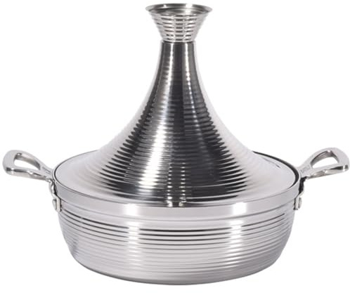 QTQHOME Moroccan Tagine Cooking Pot,Stainless Steel Non Stick Moroccan Casserole with 2 Handles,Large Moroccan Cooker Handmade Tagine Pot with Cone-Shaped Lid(30cm, Silver)