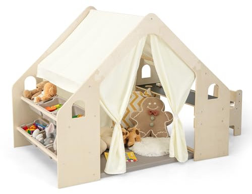 GYMAX 6 in 1 Kids Tent, Large Play Tent with Padded Mat, Blackboard, Storage Bin, Table & Chair, Indoor Children Playhouse for Toddlers Aged 3-6 Years Old