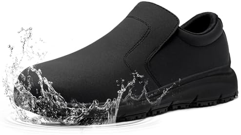 Slip Resistant Shoes Men Steel Toe Cap Non Slip Waterproof Lightweight Comfortable Chef Kitchen Clog Food Service Work Shoes Restaurant Hospital Slip-on, Black 8.5