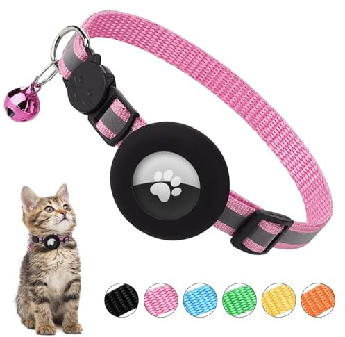 Ledeak Airtag Katzenhalsband mit Glocke, Reflektierend Katzenhalsband GPS AirTag Kompatibel, Katzen Halsband mit Airtag Hülle und Sicherheitsverschluss, Cat Collar für Kätzchen Katze (Rosa)