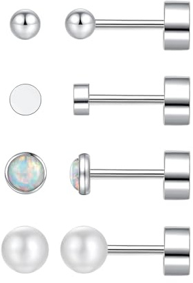 4 pairs Silver/Gold Stud Earrings for Women Girls Men, Hypoallergenic Titanium Surgical Steel Stud Earrings Set, Small Round Balls Opals and Pearls Helix Cartilage Sleeper Screw Flat Back Earrings