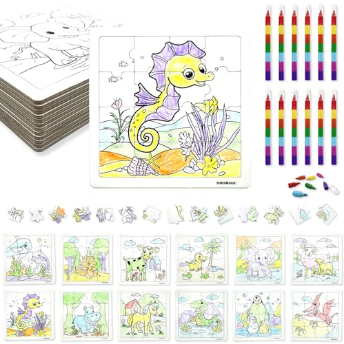 HahaMagic, 12PCS puzzles para colorear, con 12 ceras de colores apilables (7 colores en 1), adecuado como regalos cumpleaños niños colegio, regalitos de navidad para niños y detalles para regalar