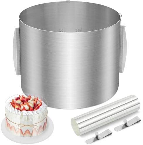 YSWOVUO Anello Torta, Cerchio Torta Altezza 20 cm, Anello per Torta Ø 16–30 cm, Circolare in Acciaio Inox Stampo per Torte ad Anello, Anello per Torta con Clip di Fissaggio e Torta Collare Trasparenti